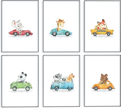 No Filter Kinderkamer poster set - 6 stuks - Dieren in Voertuigen posters - 21x30 cm (A4) - Auto posters - Jongenskamer posters