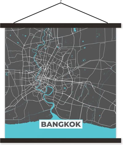 Posterhanger incl. Poster 60x60 cm - Schoolplaat - Bangkok - Blauw - Plattegrond - Kaart - Stadskaart - Textielposter - Zwarte latten - Stadskaart