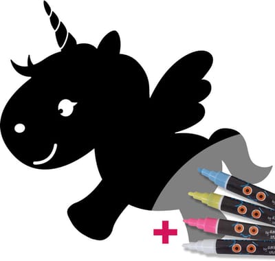 Schoolbordsticker - uitwisbare zelfklevende muurstickers - BABY EENHOORN + 4 VLOEIBARE KRIJTJES - 95x105cm