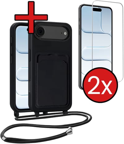 Hoesje Geschikt voor iPhone Air Hoesje Met Telefoonkoord en Pasjeshouder Met 2x Screenprotector Siliconen - Hoes Geschikt voor iPhone Air Hoesje Met Kaarthouder Case - Zwart