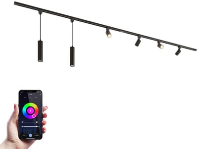 HOFTRONIC railverlichting pakket recht – 2x 1,5 meter rail met 4 railspots en 2 hanglampen – RGBWW GU10 lichtkleur – dimbaar via app – aluminium zwart – IP20 – modulair – 230V – slimme verlichting woonkamer keuken kantoor