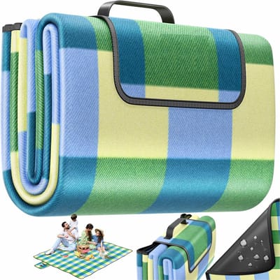 Famanu – Picknickdeken, campingdeken, XXL, 200 x 200 cm, warmte-isolerend met waterdichte onderkant met draaggreep, opvouwbare stranddeken, picknickdeken voor 4-6 personen, wasbaar, blauw