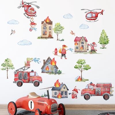 Muurstickers met Brandweerauto, Dieren en Helikopter Thema voor Kinderkamer en Woonkamer Decoratie