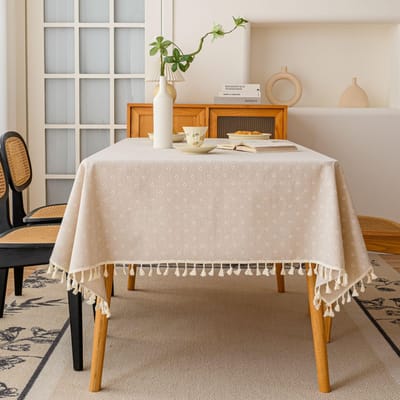 Nappe Vintage en Coton Lin Motif Floral Nappe avec Pompon Lavable Couvre-Table pour Dîner, Pique-nique, Décor de Table 90X90cm