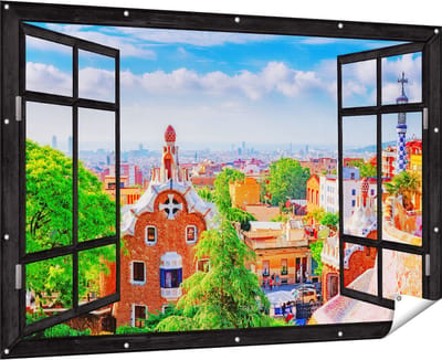 Gards Tuinposter Doorkijk Park Güell in Barcelona - Kleurrijk - 180x120 cm - Tuindoek - Tuindecoratie - Wanddecoratie buiten - Tuinschilderij