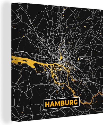 Canvas Schilderij Hamburg - Duitsland - Kaart - Goud - Plattegrond - Stadskaart - 20x20 cm - Wanddecoratie