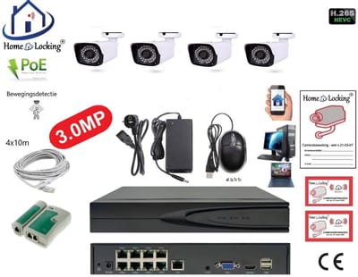 Home-Locking complete set PoE camera beveiligingssysteem met bewegingsdetectie camera's en NVR 8ch 8MP H265 met 4 bullet metaal camera's 3.0MP CS-4-1531