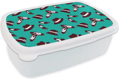 Broodtrommel Wit - Lunchbox - Brooddoos - Antiek - Hoed - Schoenen - Patroon - 18x12x6 cm - Volwassenen