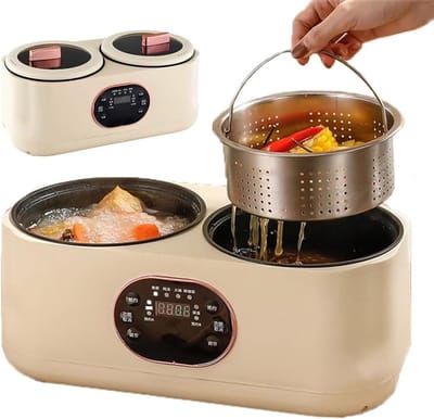 Dubbele Slowcooker - Dubbele Kookpot - Maaltijden Bereiden - Dubbele Onafhankelijke Pannen - 3.6 Liter Totaal - Off-white