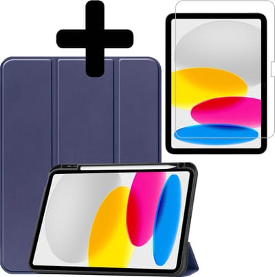 Hoes - Geschikt voor Apple iPad A16/A18 (2022/2025/2026) - 10.9 & 11 inch (10e, 11e & 12e generatie) - Met Screenprotector - Trifold Bookcase - Hard Cover Case - Met Uitsparing Geschikt voor Apple Pencil - Hardcover Book - Tablet Hoesje - Donkerblauw
