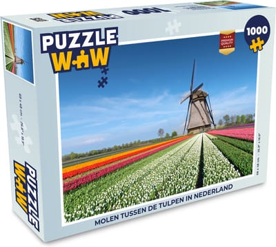 Puzzel Molen tussen de tulpen in Nederland - Legpuzzel - Puzzel 1000 stukjes volwassenen