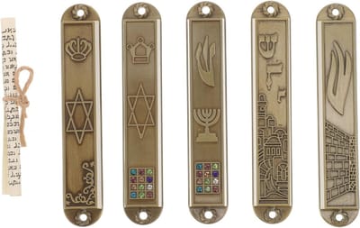 Mezouza Ornament Set van 5 Stuks, Zelfklevend Metaal met Retro Schrijven, Joodse Deurdecoratie, Parchment Inclusief, Jerusalem Stijl