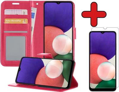 Hoesje - Met Screenprotector - Geschikt voor Samsung Galaxy M22 - Luxe Pasjeshouder - Flipcase - Bookcase Portemonee - Flip Case - Kunstleer Book Case - Book Cover - Walletcase - Portemonneehoes - Telefoonhoes - Donkerroze