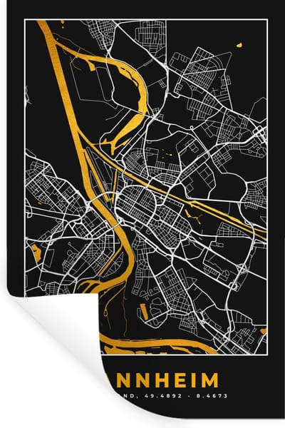 Muurstickers - Sticker Folie - Mannheim - Goud - Plattegrond - Stadskaart - Kaart - Duitsland - 20x30 cm - Plakfolie - Muurstickers Kinderkamer - Zelfklevend Behang - Zelfklevend behangpapier - Stickerfolie