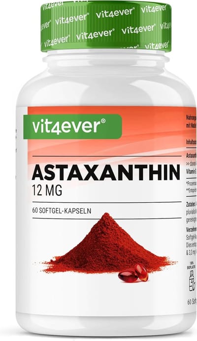 Vit4ever - Astaxanthine 12 mg Depot - 60 softgel capsules - Van zuivere Haematococcus Pluvialis microalgen - Geoptimaliseerde biologische beschikbaarheid met vitamine E & olijfolie
