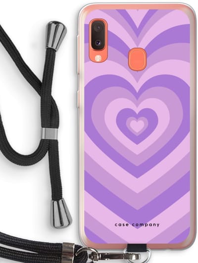 Case Company® - Hoesje met koord geschikt voor Samsung Galaxy A20e hoesje met Koord - Hart Paars - Telefoonhoesje met Zwart Koord - Bescherming aan alle Kanten en Over de Schermrand