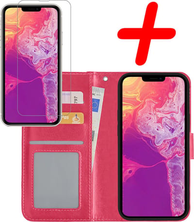 Hoesje Met Screenprotector - Geschikt voor Apple iPhone 14 - Luxe Pasjeshouder - Bookcase Portemonee - Flip Case - Kunstleer Book Case - Flipcase - Book Cover - Walletcase - Portemonneehoes - Donkerroze