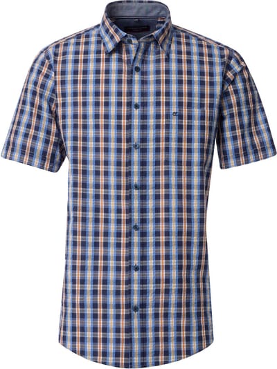 CASA MODA Sport casual fit overhemd - korte mouw - seersucker - blauw met oranje en wit geruit - Strijkvriendelijk - Boordmaat: 39 - 40