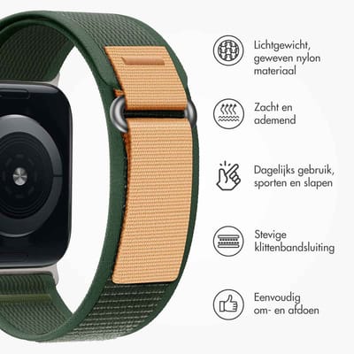 Nylon Trail bandje - Geschikt voor Apple Watch 1, 12, 2, 3, 4, 5, 6, 7, 8, 9, 10, 11, SE, Ultra (2 / 3) - 44/45/46/49 mm - Donkergroen