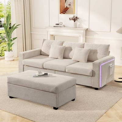 Wishdor - Hoekbank Met Verplaatsbare Hocker En Sfeerverlichting - Modern - Voor Woonkamer - Cordstof En Schuim - Beige - 3-Zits Met Hocker 98 X 51 Cm