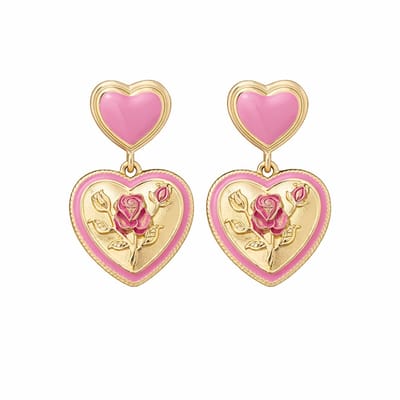 Goudkleurige oorbellen met hart in roze emaille en roos