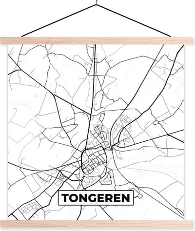 Posterhanger incl. Poster 40x40 cm - Schoolplaat - België – Tongeren – Stadskaart – Kaart – Zwart Wit – Plattegrond - Textielposter - Blanke latten - Stadskaart