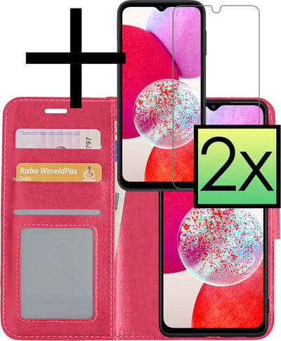 Hoesje - Met 2x Screenprotector - Geschikt voor Samsung Galaxy A14 - Luxe Pasjeshouder - Bookcase Portemonee - Flip Case - Kunstleer Book Case - Flipcase Hoes - Book Cover - Walletcase - Portemonneehoes - Donkerroze
