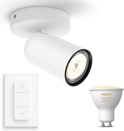 Philips Hue Pongee Opbouwspot (Wit) - Warm tot Koelwit Licht - Incl. Hue Dimmer Switch - Wandspot of Plafondspot met 1 Lichtpunt - GU10 - Hue White Ambiance