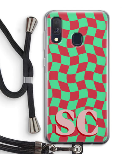 Gepersonaliseerd - Case Company® - Hoesje met koord geschikt voor Samsung Galaxy A40 hoesje met Koord - Grid Monogram - Telefoonhoesje met Zwart Koord - Bescherming aan alle Kanten en Over de Schermrand