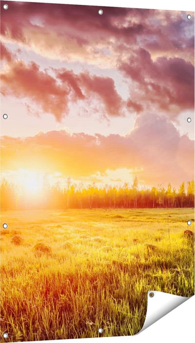Gards Tuinposter Zonsopkomst in het Veld - 80x120 cm - Tuindoek - Tuindecoratie - Wanddecoratie buiten - Tuinschilderij