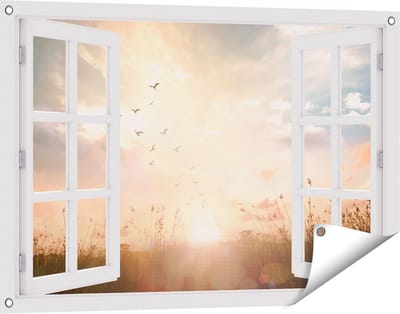 Gards Tuinposter Doorkijk Silhouet Vogels tijdens Zonsopkomst - 90x60 cm - Tuindoek - Tuindecoratie - Wanddecoratie buiten - Tuinschilderij