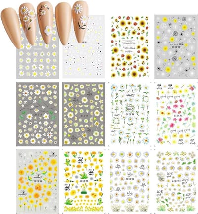 Nagelstickers Bloemen - Bloemen Decoraties - Nagelkunst Creëren - Zelfklevend Ontwerp - 12 Stuks - Geel Wit