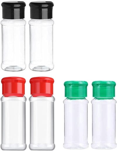 Thijox - 6 Stuks Kruidenpotjes 100 ml - Transparante Kunststof Kruidenstrooier - Keuken Organizer voor Kruiden, Specerijen en Camping