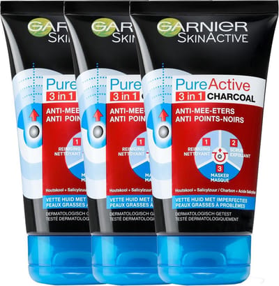 Garnier SkinActive PureActive 3in1 Gezichtsmasker met Charcoal - Reiniging, Scrub & Masker - 3 x 150 ml