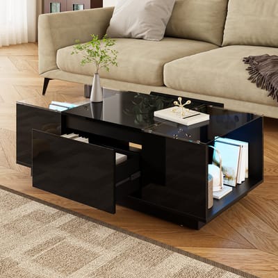 HAUSS SPOLE Salontafels - Koffietafel Met Glasblad En LED Stemming Licht - 2 Laden En Opbergruimte - 100x50x35 cm - Spaanplaat - Zwart