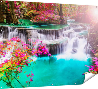 Gards Tuinposter Waterval in de Herfst met Kleurrijke Bloemen - 160x120 cm - Tuindoek - Tuindecoratie - Wanddecoratie buiten - Tuinschilderij