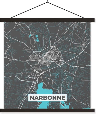 Posterhanger incl. Poster 60x60 cm - Schoolplaat - Plattegrond – Kaart – Stadskaart – Frankrijk – Narbonne - Textielposter - Zwarte latten - Stadskaart
