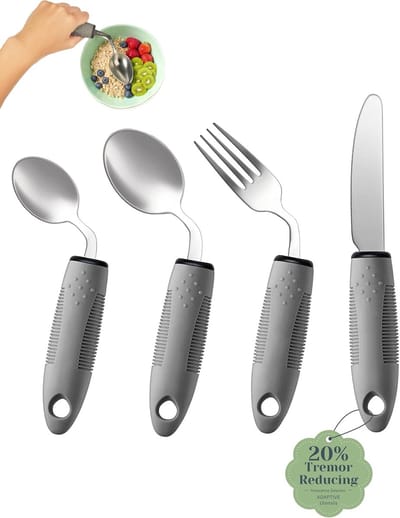 Aangepast bestek - 4-delig - 42° gebogen - Ergonomisch - Dik handvat - Rechtshandig - Easy Grip bestekset - Aangepast bestek parkinson - Voor Parkinson, Ouderen & Krachtverlies - adaptief eetgerei voor rechtshandige ouderen - Grijs