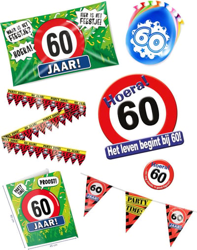 60 jaar verjaardag versiering pakket – vlag - gevelvlag – ballon – paperdreams