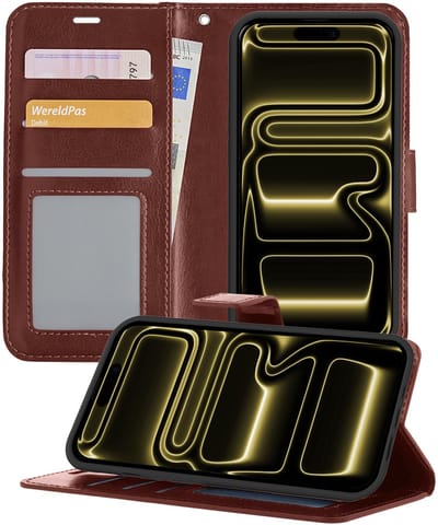 Hoesje - Met Pasjeshouder - Geschikt voor Apple iPhone 17 Pro - Luxe Bookcase Portemonee - Flip Case - Kunstleer Book Case - Flipcase - Book Cover - Walletcase - Portemonneehoes - Telefoonhoesjes - Bruin