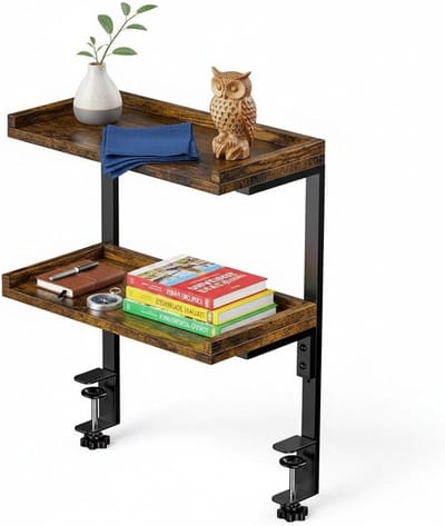 2-laags opbergorganizer voor onder bureau, bruin hout en metaal, 31,8 x 16,7 x 42,8 cm, industriële stijl, bureauaccessoires en gamingoplossingen voor een opgeruimd kantoor