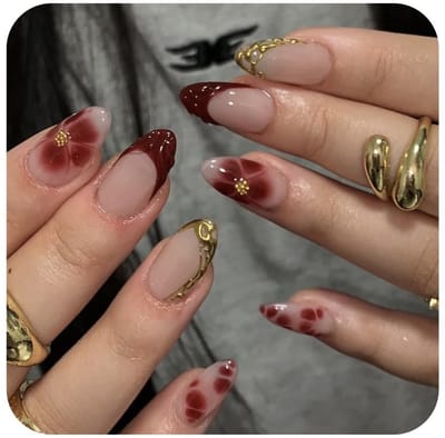 Dailygoods - 24 Stuks French Tip Press On Nails - 3D Donkerrood Valse Nagels met Gouden Accenten