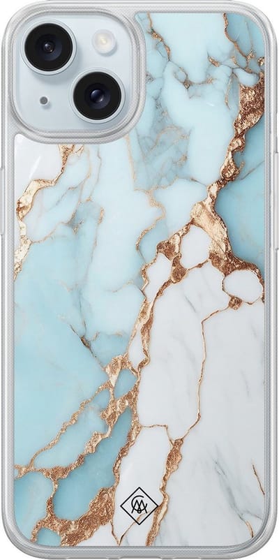 Casimoda® hoesje - Geschikt voor iPhone 13 - Marmer Lichtblauw - 2-in-1 case - Schokbestendig - Marble design - Verhoogde randen - Blauw, Transparant