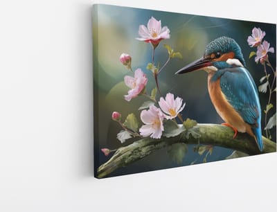 Saammp Canvas Schilderij - Kingfisher met Bloesem - Natuur - Abstract - 45x30 - Foto op canvas - Wanddecoratie - Muurdecoratie Woonkamer - Kantoor Decoratie