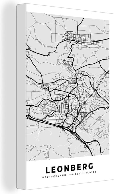 Canvas Schilderij Kaart - Duitsland - Leonberg - Plattegrond - Stadskaart - 20x30 cm - Wanddecoratie