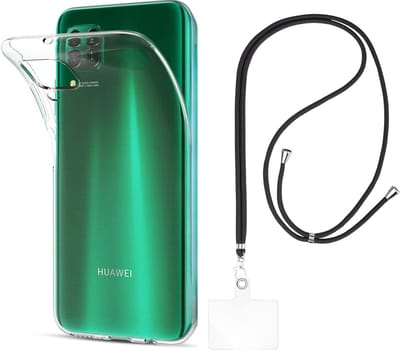 Set met hoesje en nekband voor huawei p40 lite - Flexibele, transparante TPU-bescherming, verstelbare universele nekband voor mobiele telefoons, zwarte nekband, transparante draagriem van Phonillico®