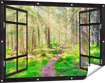 Gards Tuinposter Doorkijk Pad in Bos met Zon tussen de Bomen - 120x80 cm - Tuindoek - Tuindecoratie - Wanddecoratie buiten - Tuinschilderij