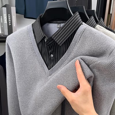 Pull Tricoté Homme Revers Fausse Deux Pièces Hiver Velours Épaisse Impression Rayé Affaires Décontracté Vêtements pour Homme L grise