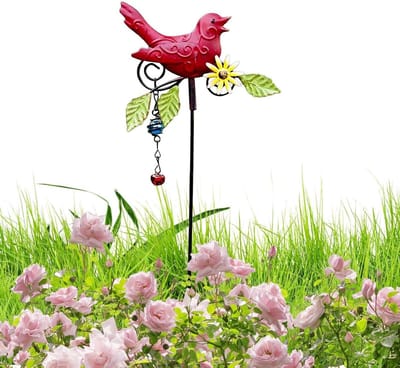 Tuinsteker Vogel - Decoratie Sculptuur - Tuin Verfraaien - Weerbestendig Metaal - 36x16 cm - Rood