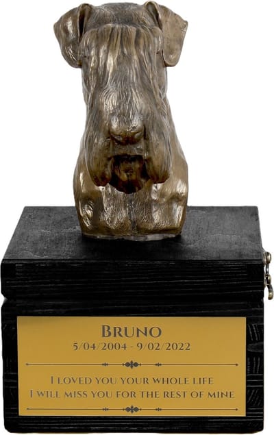 Schnauzer urn hond met gravure en hondensculptuur, handgemaakt kunstwerk